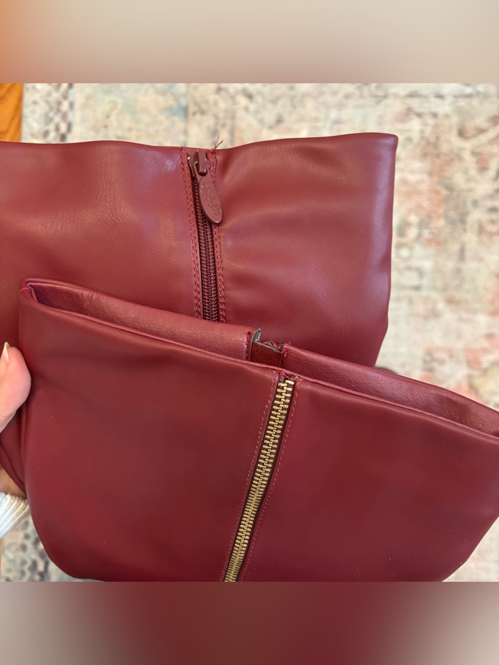 Tall red/burgundy faux leather boot with gold zipper - Picture 5 of 6